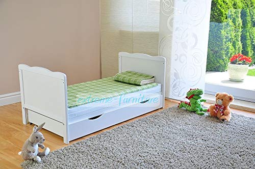 Marsell Baby-Gitterbett mit Schublade und Deckel – Kinderbett mit Aloe-Vera-Schaumstoffmatratze, Zahnschienen, höhenverstellbar, weiß, umbaubar zum Juniorbett