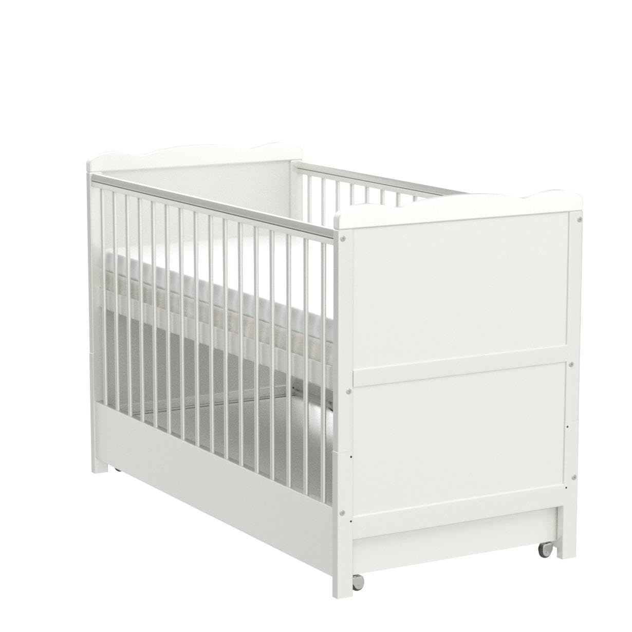 Marsell Baby-Gitterbett mit Schublade und Deckel – Kinderbett mit Aloe-Vera-Schaumstoffmatratze, Zahnschienen, höhenverstellbar, weiß, umbaubar zum Juniorbett