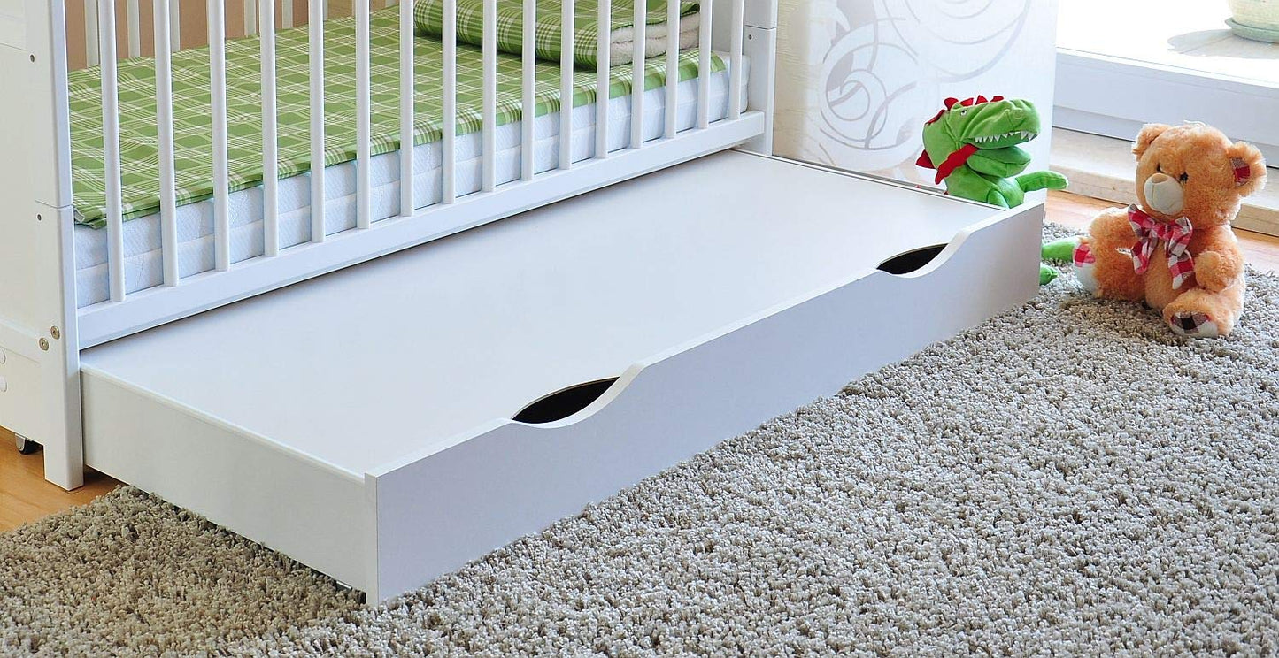Marsell Baby-Gitterbett mit Schublade und Deckel – Kinderbett mit Aloe-Vera-Schaumstoffmatratze, Zahnschienen, höhenverstellbar, weiß, umbaubar zum Juniorbett