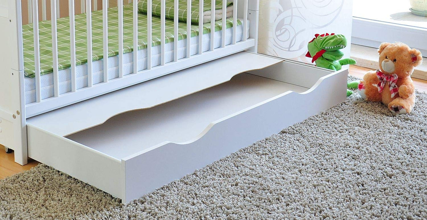 Marsell Baby-Gitterbett mit Schublade und Deckel – Kinderbett mit Aloe-Vera-Schaumstoffmatratze, Zahnschienen, höhenverstellbar, weiß, umbaubar zum Juniorbett