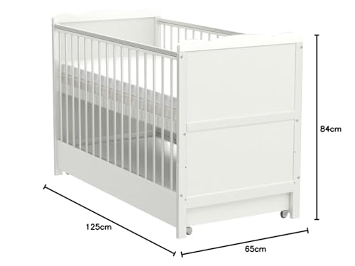 Marsell Baby-Gitterbett mit Schublade und Deckel – Kinderbett mit Aloe-Vera-Schaumstoffmatratze, Zahnschienen, höhenverstellbar, weiß, umbaubar zum Juniorbett