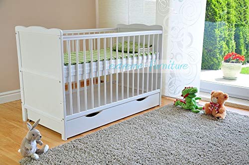 Marsell Baby-Gitterbett mit Schublade und Deckel – Kinderbett mit Aloe-Vera-Schaumstoffmatratze, Zahnschienen, höhenverstellbar, weiß, umbaubar zum Juniorbett