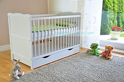 Marsell Baby-Gitterbett mit Schublade und Deckel – Kinderbett mit Aloe-Vera-Schaumstoffmatratze, Zahnschienen, höhenverstellbar, weiß, umbaubar zum Juniorbett