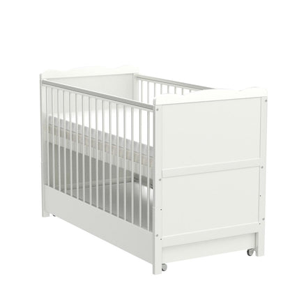 Marsell Baby-Gitterbett mit Schublade und Deckel – Kinderbett mit Aloe-Vera-Schaumstoffmatratze, Zahnschienen, höhenverstellbar, weiß, umbaubar zum Juniorbett