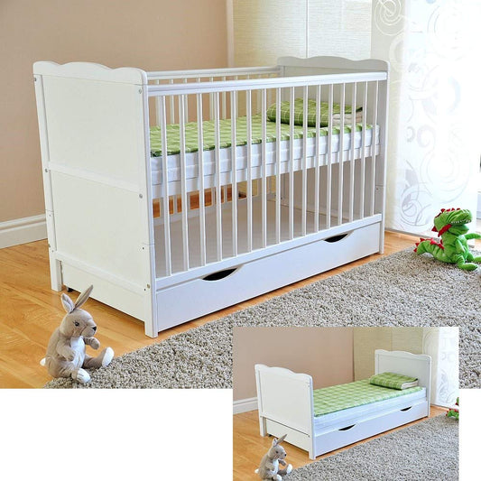 Marsell Baby-Gitterbett mit Schublade und Deckel – Kinderbett mit Aloe-Vera-Schaumstoffmatratze, Zahnschienen, höhenverstellbar, weiß, umbaubar zum Juniorbett
